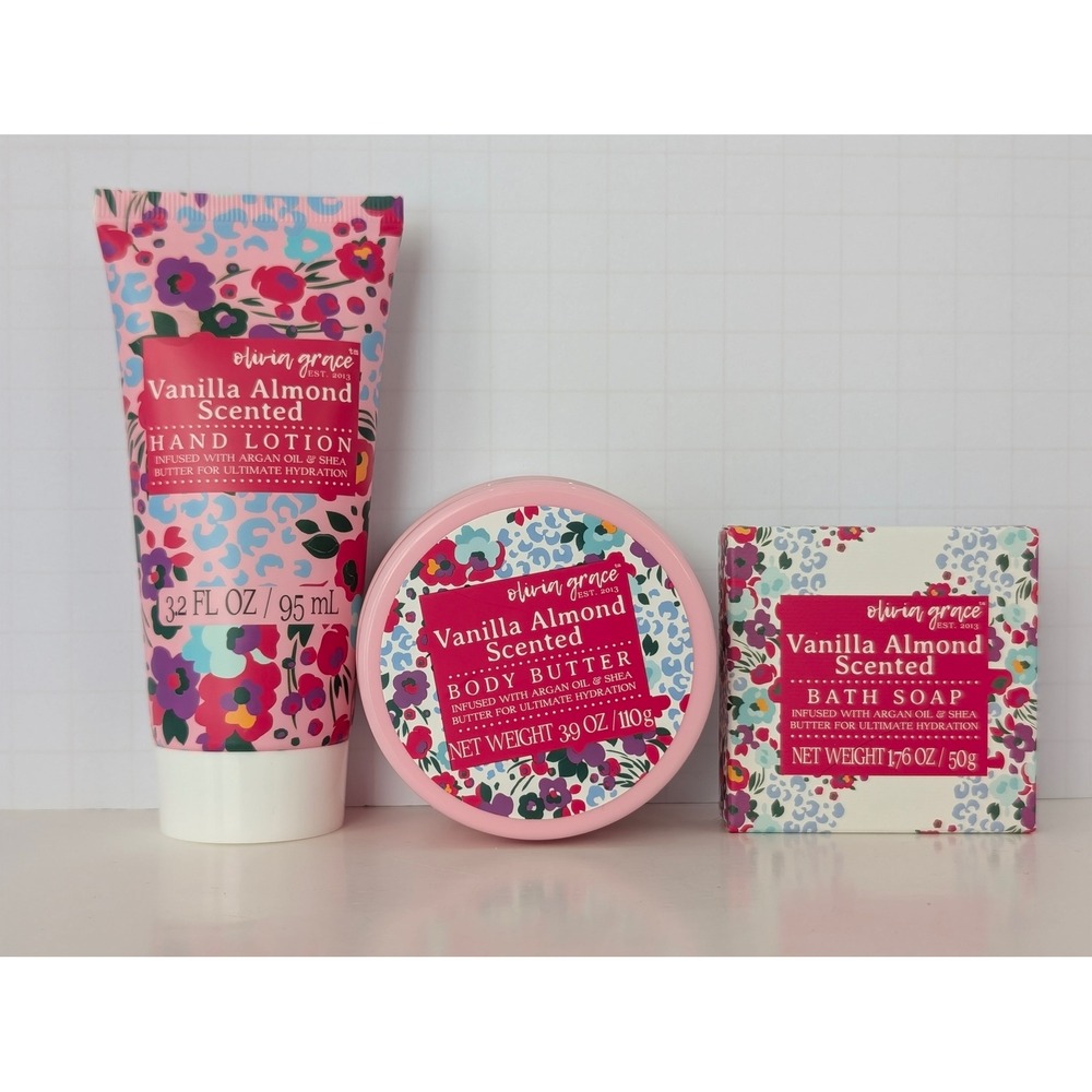 Olivia Grace Vanilla Almond Scented‎ 3pc Set Body Butter Hand Lotion Bath Soap